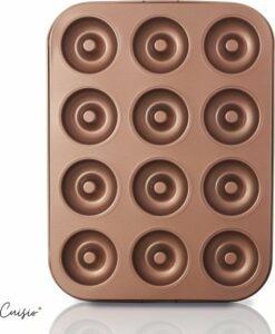 Cuisio® Donut Bakvorm - Hoogwaardige Bakvorm van Carbon Staal - Geschikt voor 12 Mini Donuts - Donutmaker met Anti-Aanbaklaag - Goudkleurig - Inclusief E-Book met Recepten en Tips