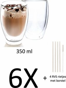 EC Design - Dubbelwandige glazen - Set van 6 stuks + 4 RVS rietjes - 350 ml - Thermisch glas - Koffieglazen - Theeglazen - Warme en Koude dranken - Geschenkdoos - Giftset