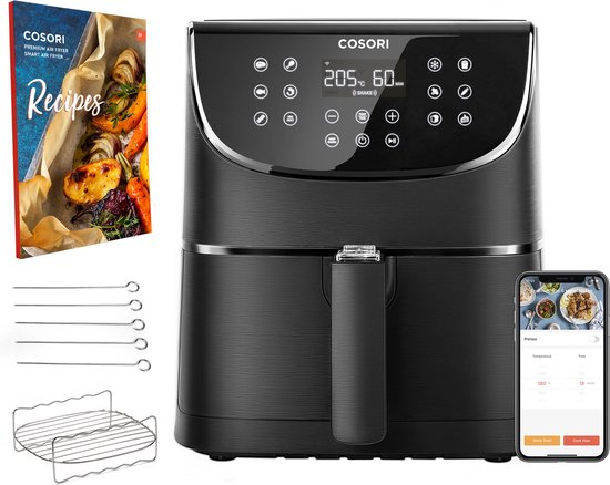 Cosori Airfryer XL 5.5L - App Connected - inclusief spiezenrek en 5 spiesjes - Heteluchtfriteuse - Zwart