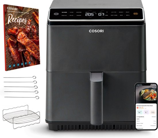 Cosori - Airfryer XXL 6.4L - App Connected - inclusief spiezenrek en 5 spiesjes - Dual Blaze - Smart Thermo IQ - Boven en onderwarmte - Heteluchtfriteuse - Antraciet