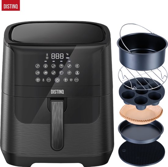 DistinQ Heteluchtfriteuse- 1800Watt - Inhoud 6.5 liter - AirFryer Zwart + Accessoires Set