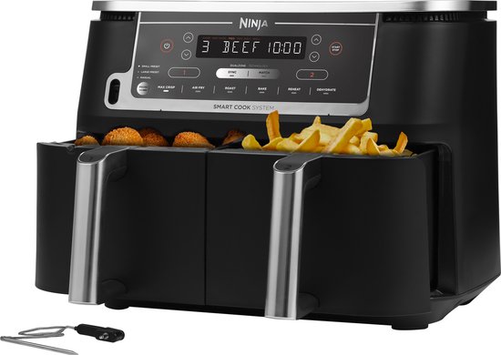 Ninja AF451EU Dubbele Airfryer XXL - Twee Kookvakken - 9.5 Liter - Digitale Thermometer - 2470 Watt - Dual Zone Technolog