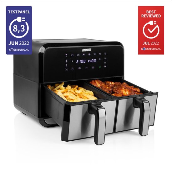 Princess 182074 Dubbele Airfryer – 2 manden x 4 liter – 2 x 1600 W- Touchscreen - Dubbele heteluchtfriteuse