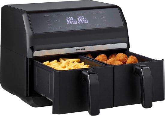 Tomado TAF8001B - Dubbele airfryer - 2 x 4 liter inhoud - 1700 watt - Tiptoetsbediening - 8 automatische programmaʼs - Zwart